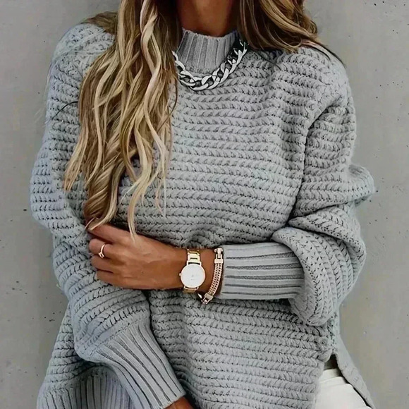 Sweaters - Grey Casual Women's High Low Hem Mock Neck Sweater